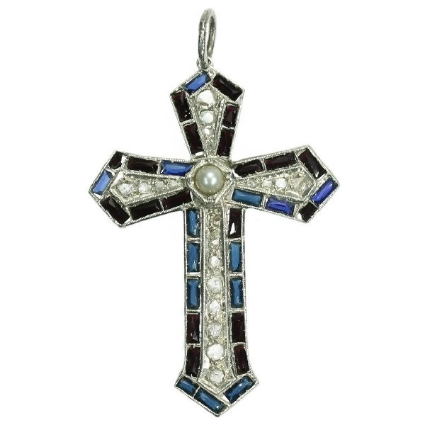 Silver Art Deco cross pendant with diamonds sapphires and pearl